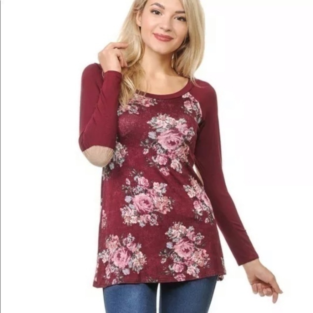Floral Print Elbow Patch Long Sleeve Raglan Top - Picture 7 of 9